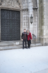 Benjamin and Cady in front of Grace Church.