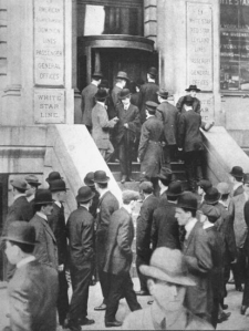 White Star Line headquarters after new of Titanic's accident reached New York. The office was flooded with inquiries and pleas for hopeful news.